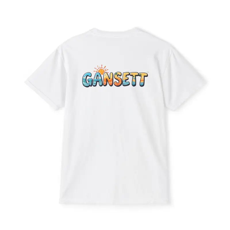 White Gansett Beach Vibes Pocket T Shirt featuring a vibrant graphic design