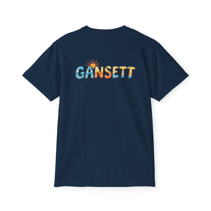 Navy blue Gansett Beach Vibes pocket t-shirt featuring a stylish graphic design