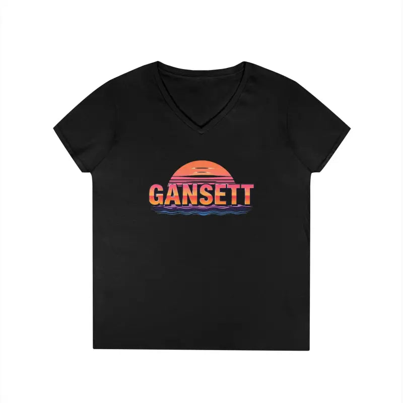 Black v-neck t-shirt from Gansett Design Retro Sunrise collection for women