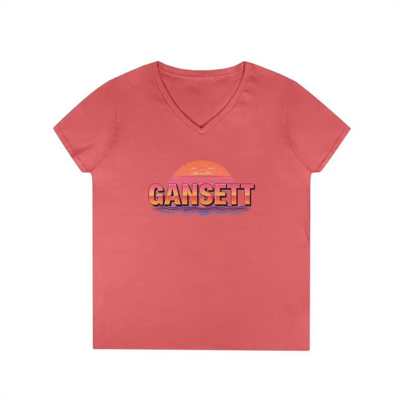 Salmon-colored V-neck t-shirt from Gansett Design Retro Sunrise collection for women