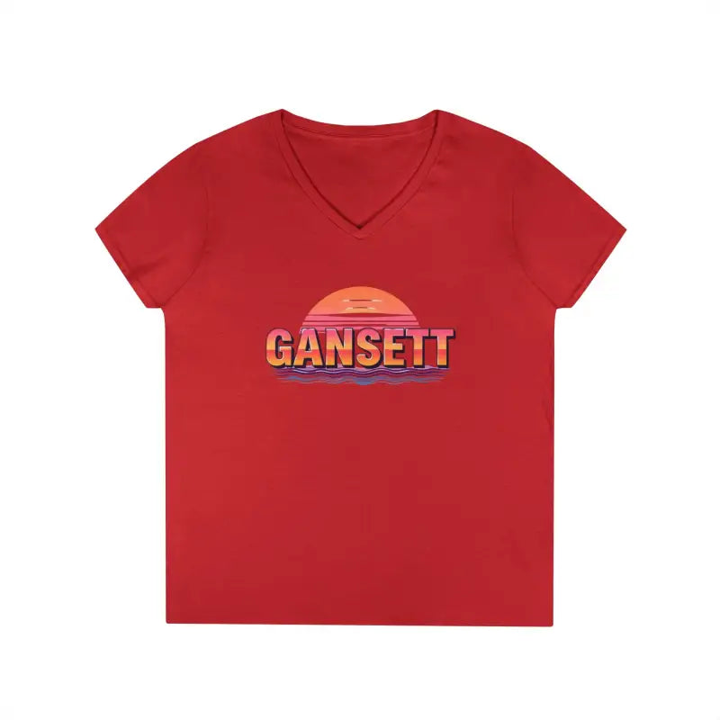 Red v-neck t-shirt from Gansett Design Retro Sunrise collection for women