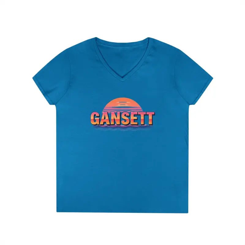 Blue v-neck t-shirt from Gansett Design Retro Sunrise for Women, stylish and comfortable