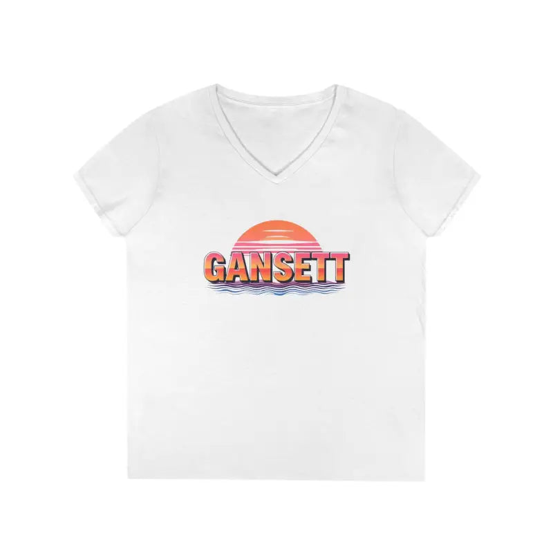 White v-neck t-shirt from Gansett Design Retro Sunrise collection for women