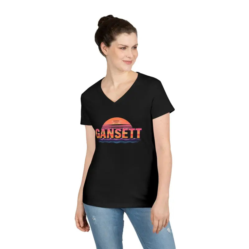 Black v-neck t-shirt from Gansett Design Retro Sunrise collection for women