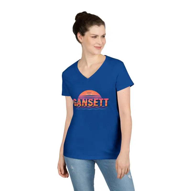 Blue V-neck T-shirt from Gansett Design Retro Sunrise collection for women