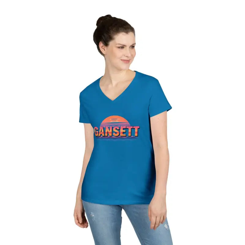 Blue V-neck T-shirt from Gansett Design Retro Sunrise collection for women