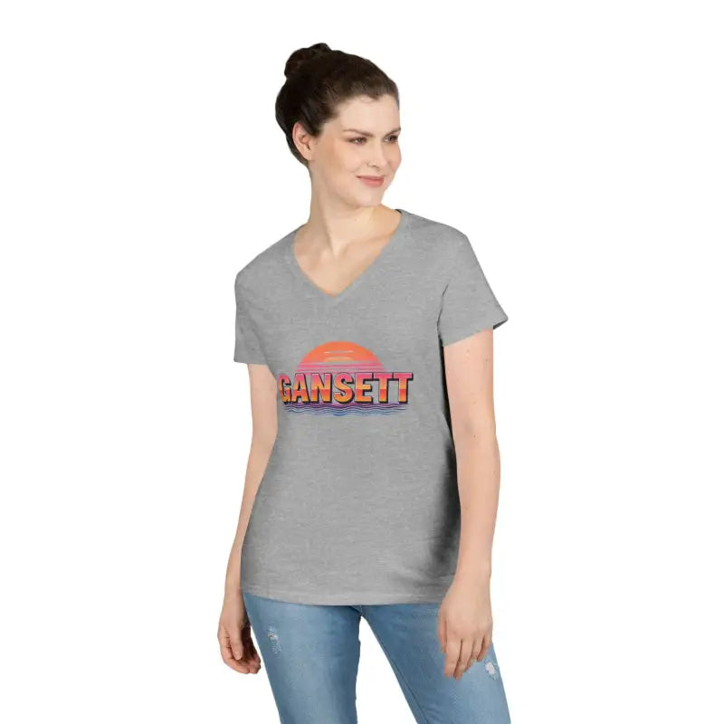 Gray v-neck t-shirt from Gansett Design Retro Sunrise collection for women