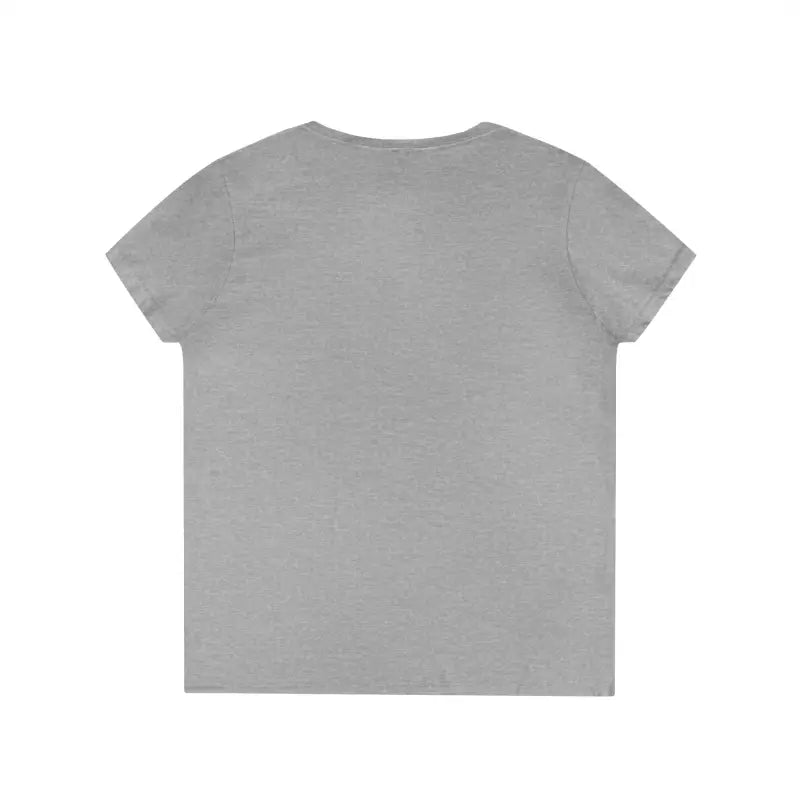 Gray short-sleeved V-neck t-shirt from Gansett Design featuring retro sunrise for women
