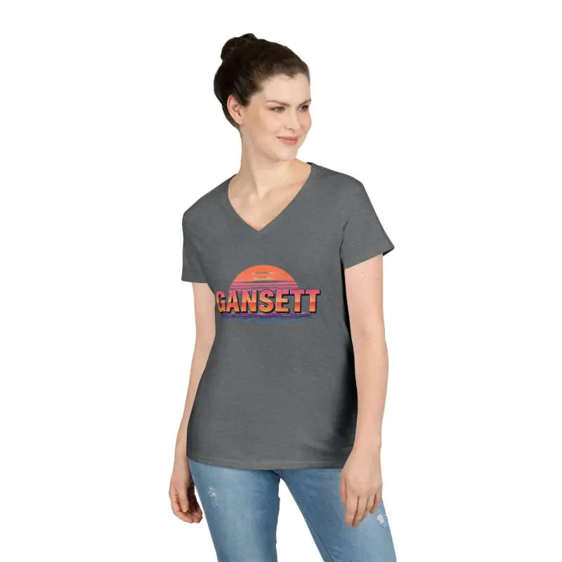 Gray v-neck t-shirt from Gansett Design Retro Sunrise collection for women