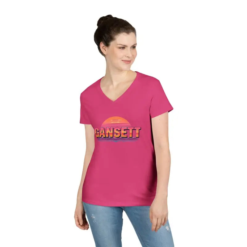 Pink v-neck t-shirt from Gansett Design Retro Sunrise collection for women