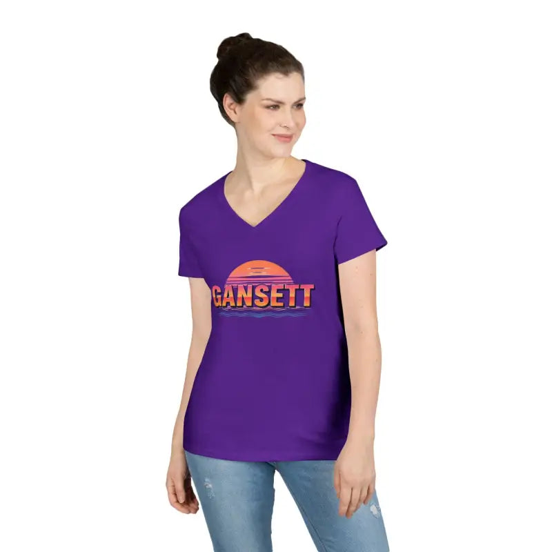 Purple v-neck t-shirt from Gansett Design Retro Sunrise collection for women