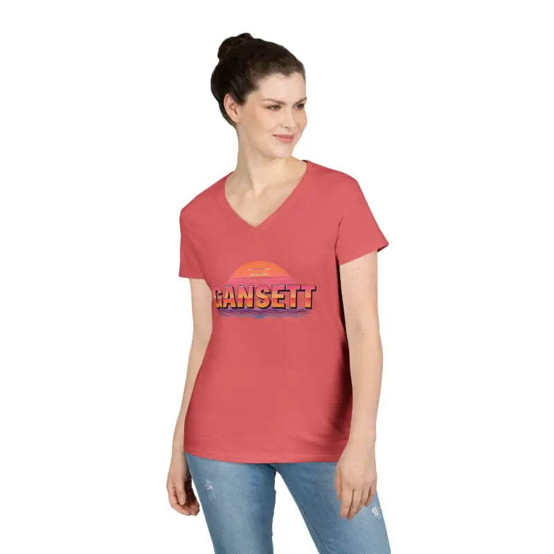 Red v-neck t-shirt from Gansett Design Retro Sunrise collection for women