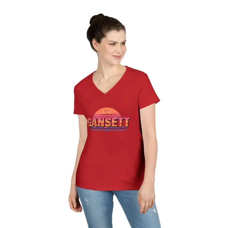 Red V-neck T-shirt from Gansett Design Retro Sunrise collection for women