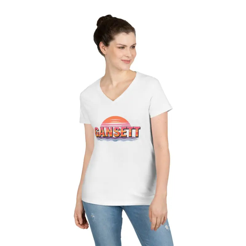 White V-neck t-shirt from Gansett Design Retro Sunrise collection for women