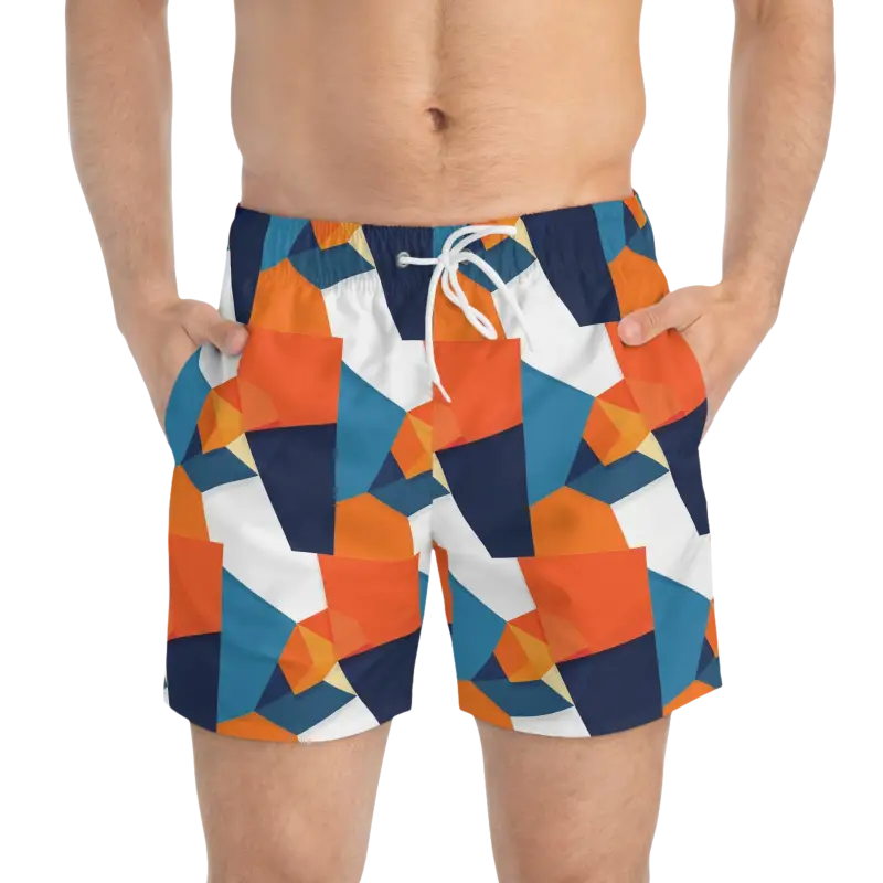 Geometric patterned swim trunks for stylish summer beach activities