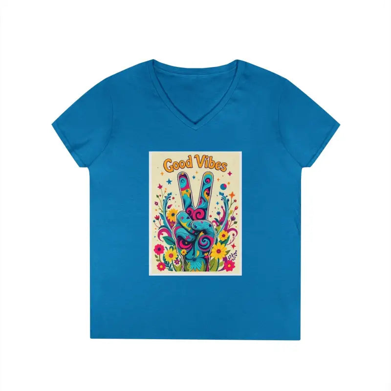 Blue V-neck t-shirt from Good Vibes featuring peace and positivity graphic