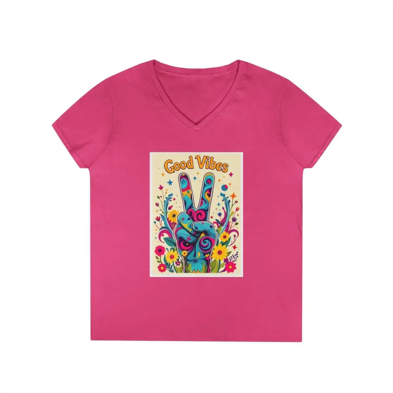 Pink V-neck t-shirt featuring Good Vibes graphic promoting peace and positivity