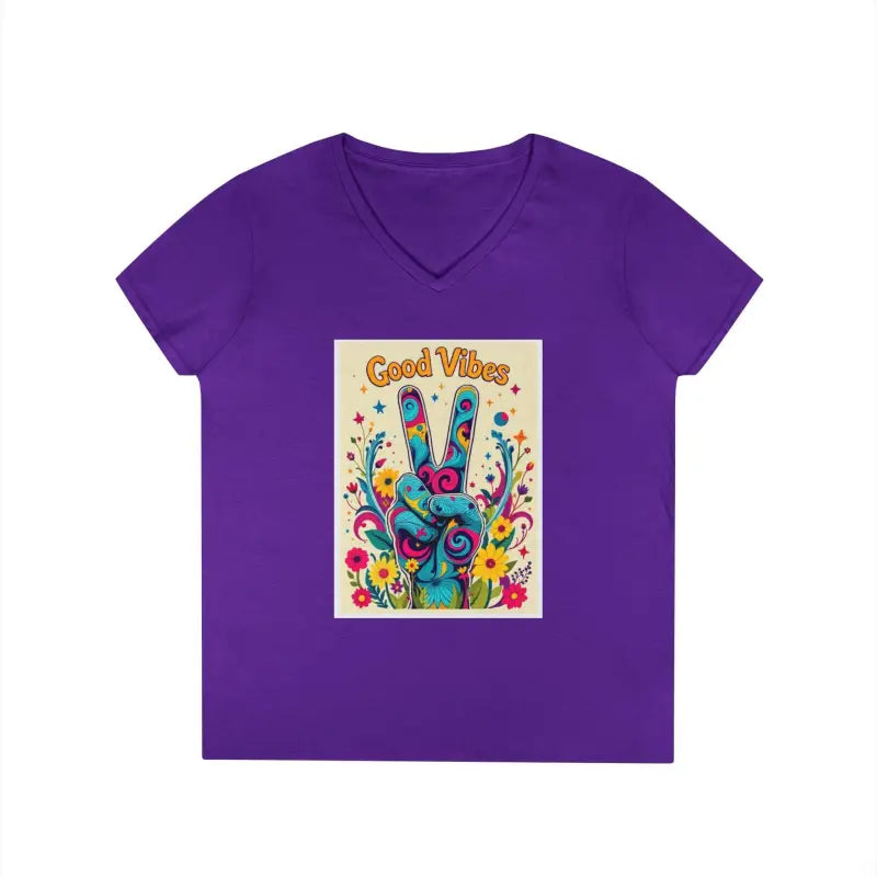 Purple V-neck t-shirt from Good Vibes with Peace and Positivity graphic design
