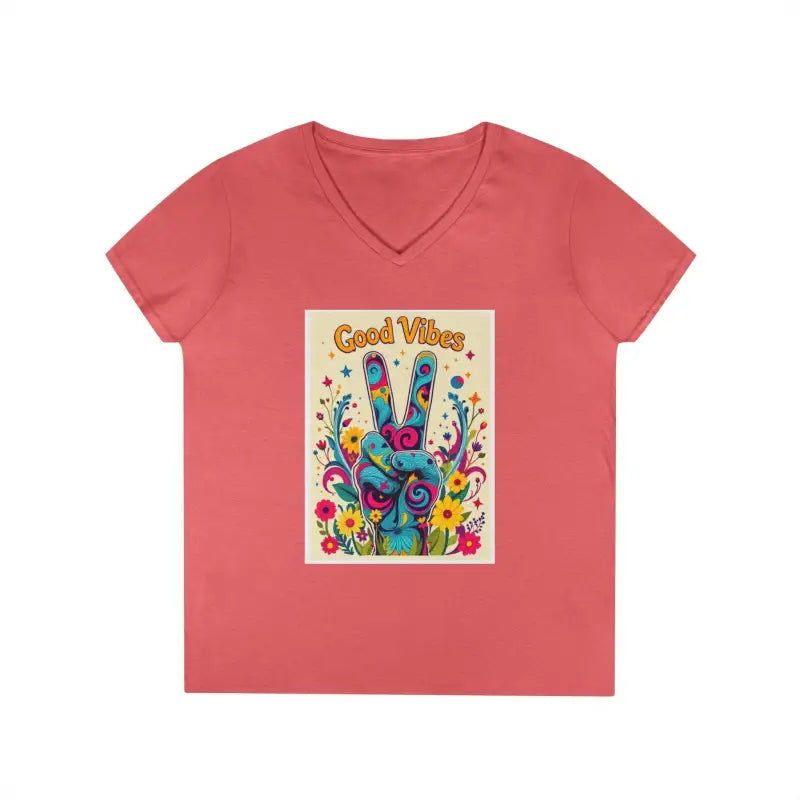 Salmon-colored V-neck t-shirt featuring Good Vibes graphic for a positive style