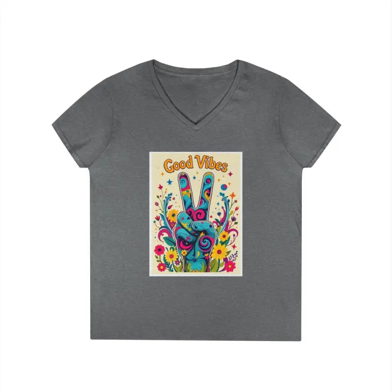 Gray V-neck T-shirt featuring a colorful peace sign graphic for positivity