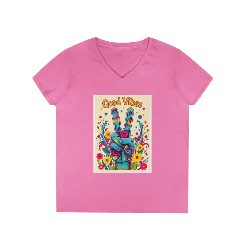 Pink V-neck T-shirt featuring Good Vibes peace sign graphic for positive style