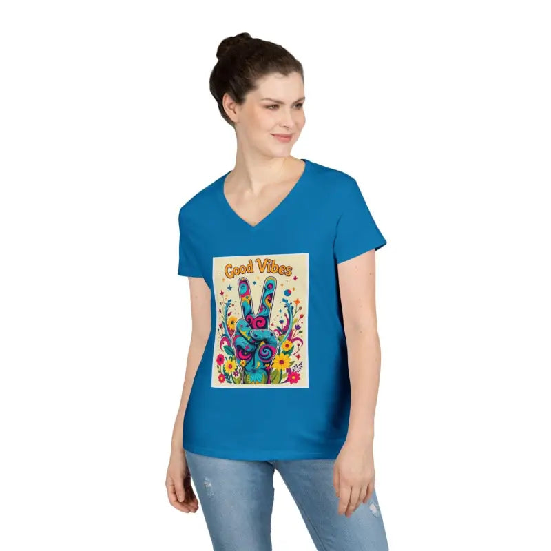 Woman’s blue v-neck t-shirt featuring Peace And Positivity graphic design