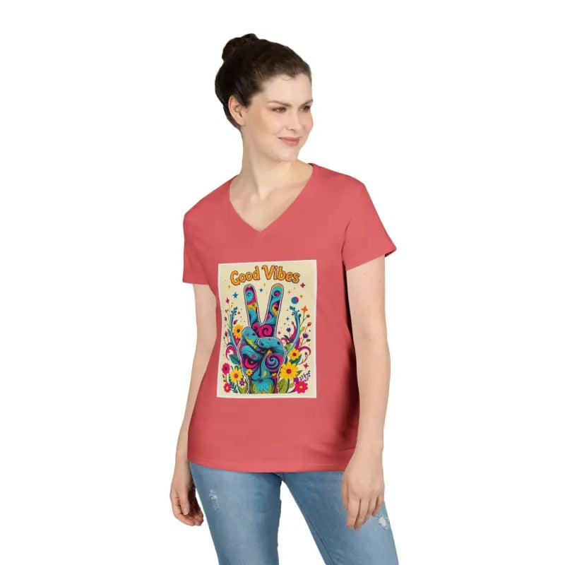 Good Vibes Ladies V Neck T Shirt featuring Peace and Positivity graphic design