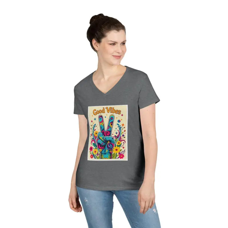 Gray v-neck t-shirt featuring Good Vibes Ladies graphic promoting peace and positivity