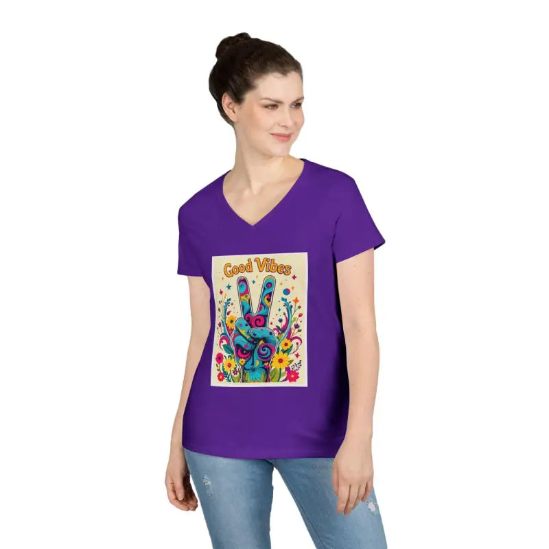 Purple V-neck t-shirt featuring Peace and Positivity graphic design for ladies