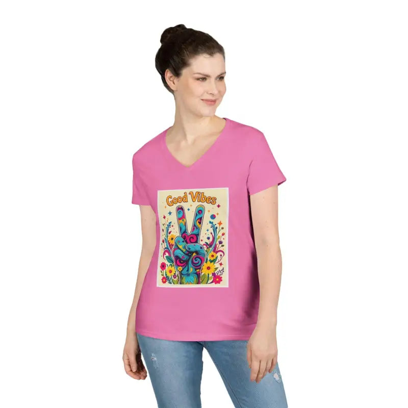 Pink V-neck T-shirt featuring Good Vibes Peace and Positivity graphic design
