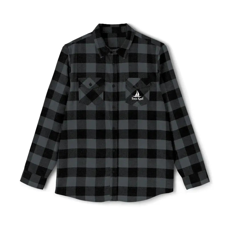 Gray and black plaid flannel shirt featuring a classic design and comfortable fabric