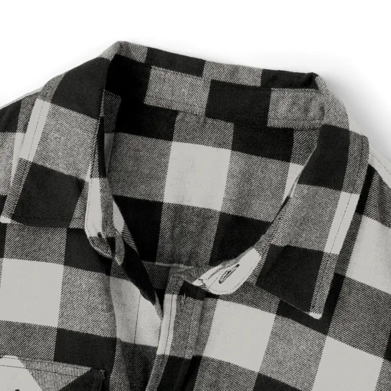 Black and white checkered shirt displayed as Gray and Black Plaid Flannel Shirt