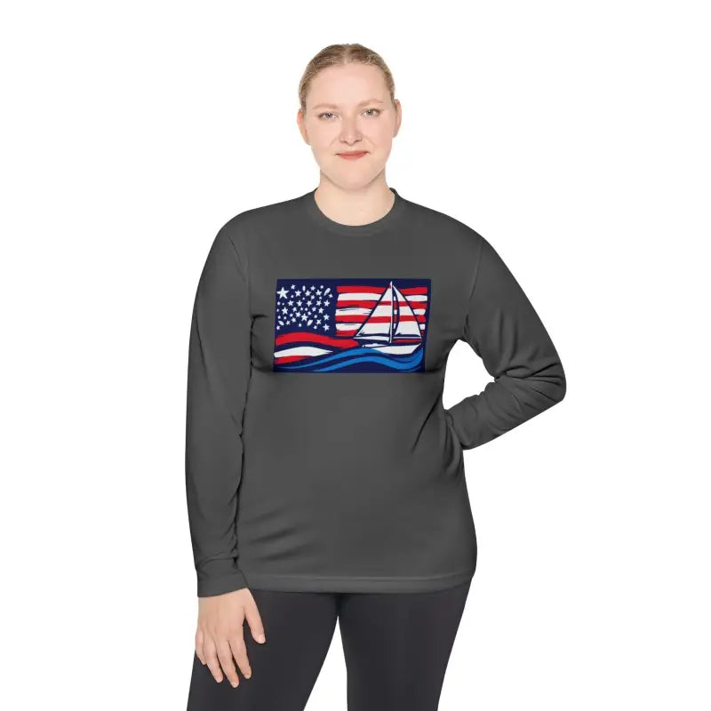 Gray long-sleeved shirt featuring American flag sailboat design for stylish attire
