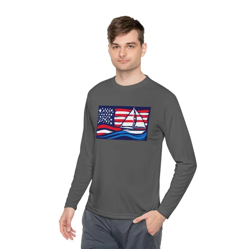 Gray long-sleeved shirt featuring American flag sailboat design for casual wear