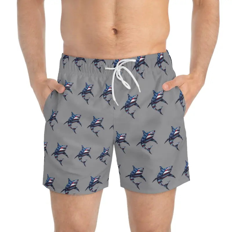 Gray Patriotic Shark Print Swim Trunks featuring a stylish shark pattern design