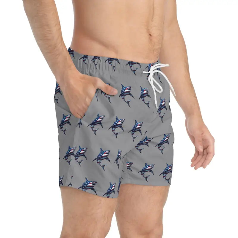 Gray Patriotic Shark Print Swim Trunks featuring a stylish shark pattern for men
