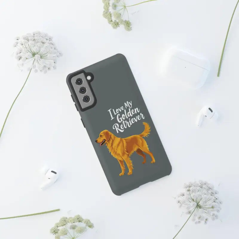 Gray phone case with a Golden Retriever design for iPhone 16 Pro