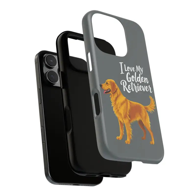Gray iPhone 16 Pro phone case featuring a Golden Retriever design for dog lovers