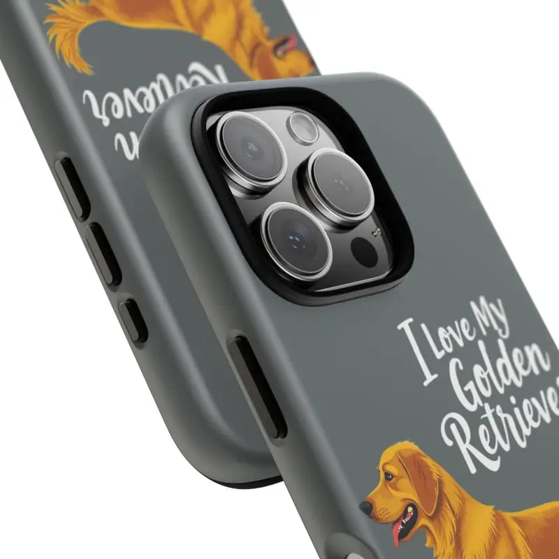 Gray phone case with golden retriever design for iPhone 16 Pro, stylish and protective