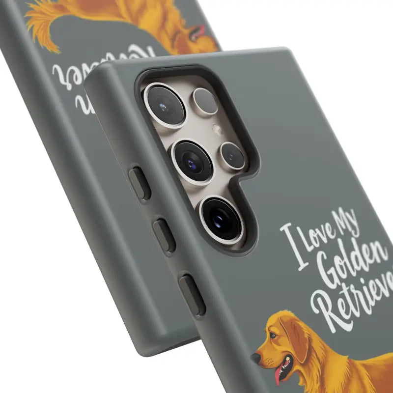 Gray phone case with golden retriever design for iPhone 16 Pro