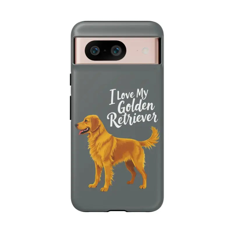 Gray phone case with golden retriever design for iPhone 16 Pro