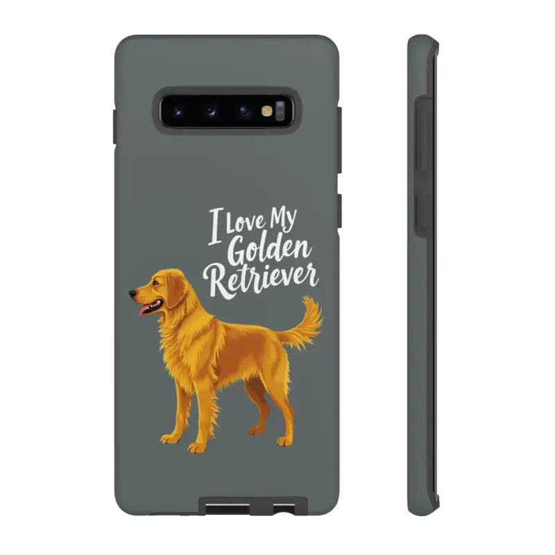 Gray iPhone 16 Pro phone case featuring a stylish Golden Retriever design