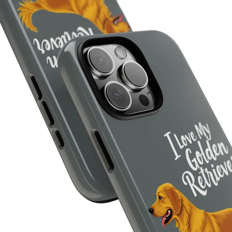 Gray phone case with Golden Retriever design suitable for iPhone 16 Pro