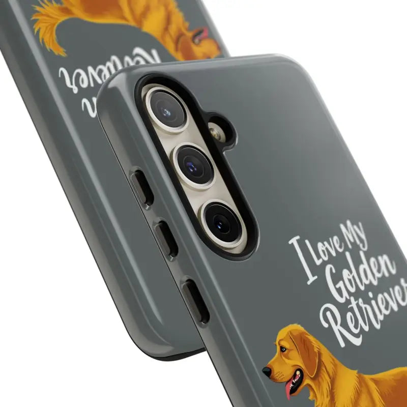 Gray phone case with golden retriever design for iPhone 16 Pro