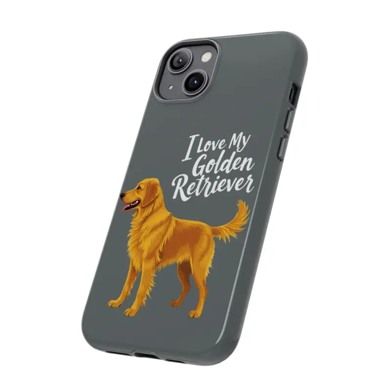 Gray phone case with golden retriever design for iPhone 16 Pro