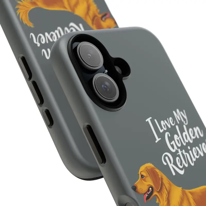 Gray phone case with golden retriever design for iPhone 16 Pro, stylish and unique