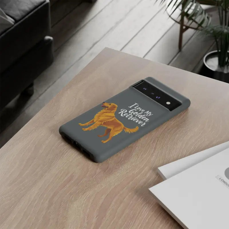 Gray phone case with golden retriever design for iPhone 16 Pro