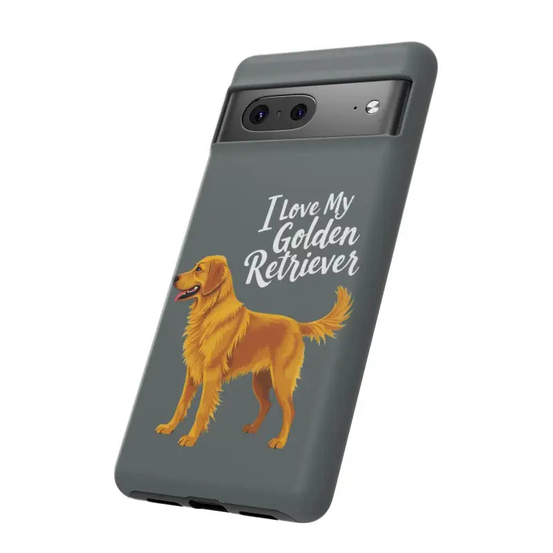Gray phone case with a golden retriever design for iPhone 16 Pro