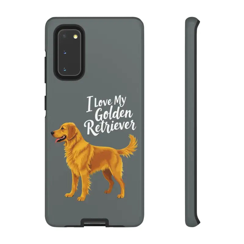 Gray Phone Case Featuring Golden Retriever Design for iPhone 16 Pro displayed