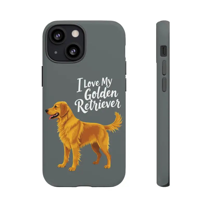 Gray phone case with a Golden Retriever design for iPhone 16 Pro